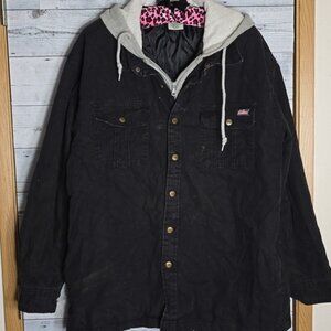 Dickies Black Gray Canvas Full Zip Button Hooded Quilted Lined Jacket Size XL